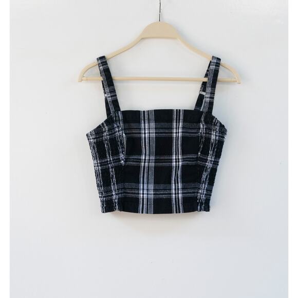 NWOT Hollister Women's Black White Plaid Mini Crop Top Smocked M - Picture 1 of 5